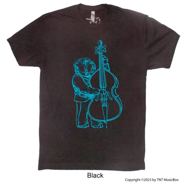 Bulldog playing bass, sky blue graphic on a black t-shirt