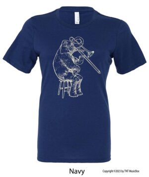 Elephant playing Trombone on a Navy T-shirt.