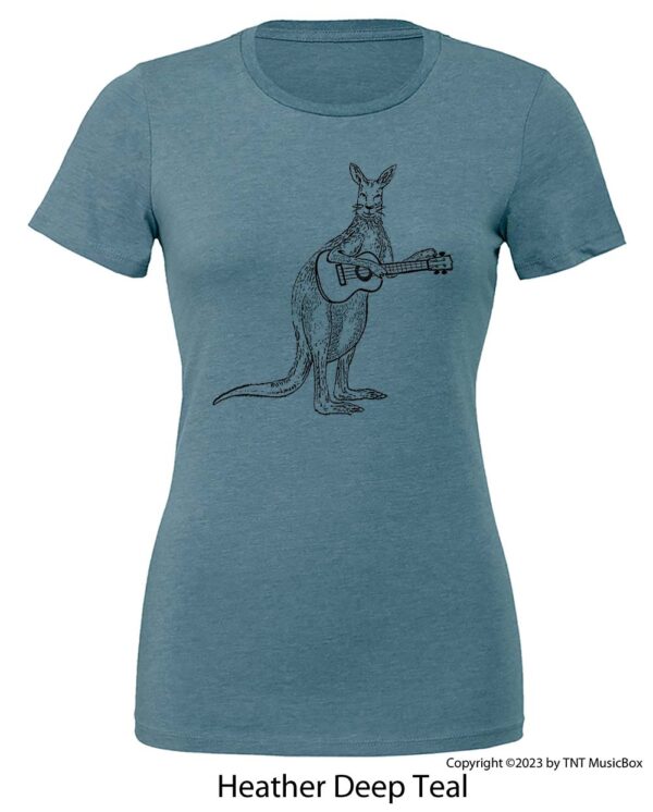 Kangaroo Playing Ukulele on a Heather Deep Teal shirt