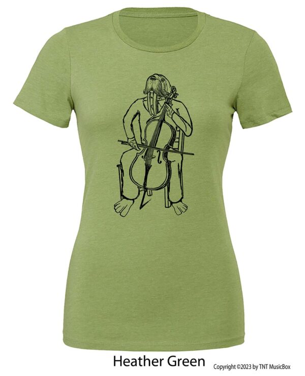 Walrus playing cello on Heather Green Tee