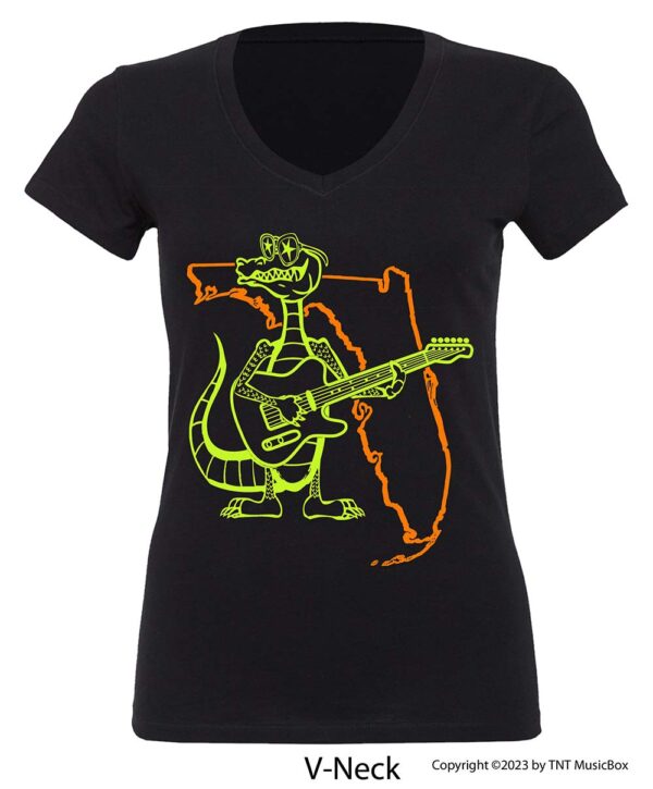 Gator playing guitar on V-Neck (black) Tee