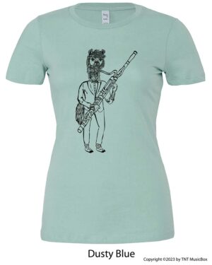 Llama Playing Bassoon on a Dusty Blue T-shirt