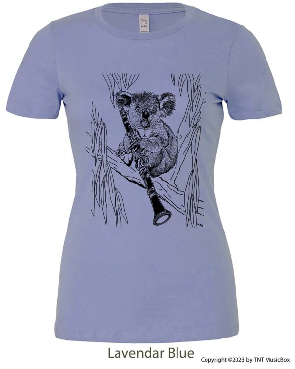 Koala playing clarinet on a Lavender Blue t-shirt