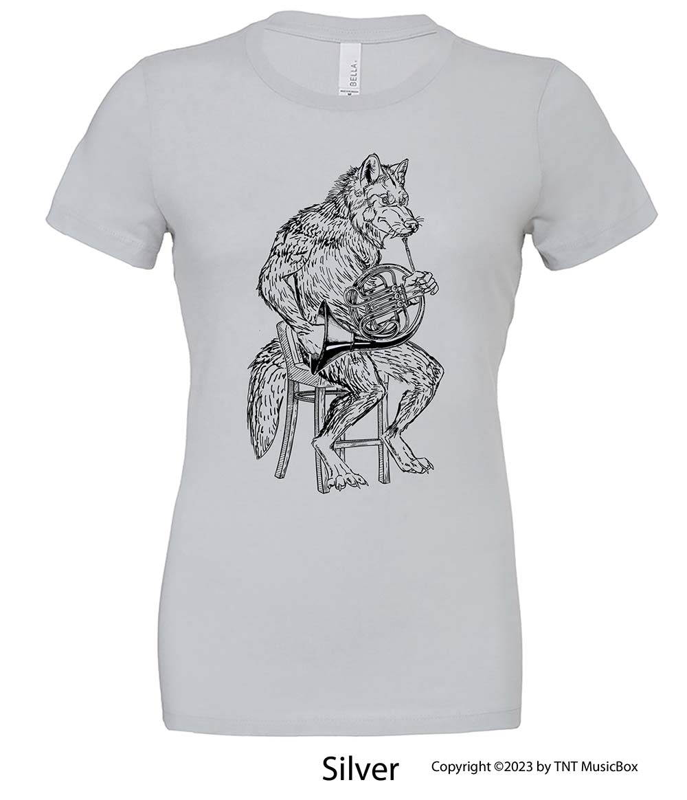 Wolf Playing French Horn- Ladies Slim Fit