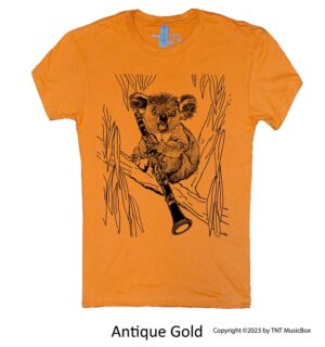 Koala playing clarinet on an Antique Gold t-shirt