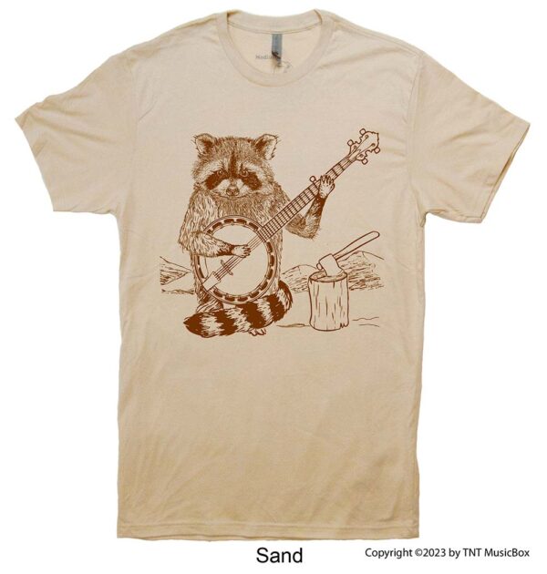 Racoon Playing Banjo on a Sand Tee