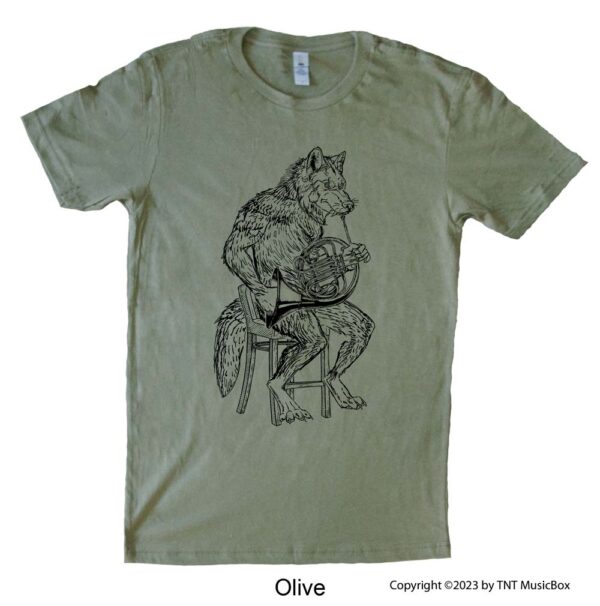 Wolf playing French Horn on an Olive T-shirt