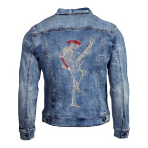 Skeleton Playing Bass on a Denim Jacket