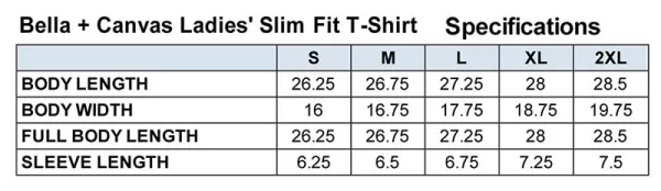 Bella Canvas Ladies slim fit sizing Chart