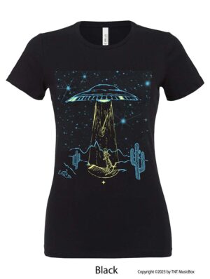 Space cat and space ship on a Black T-Shirt.