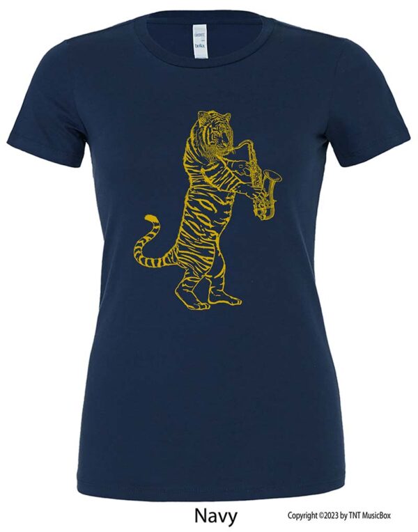 Tiger Playing a Saxophone on a Navy T-Shirt.