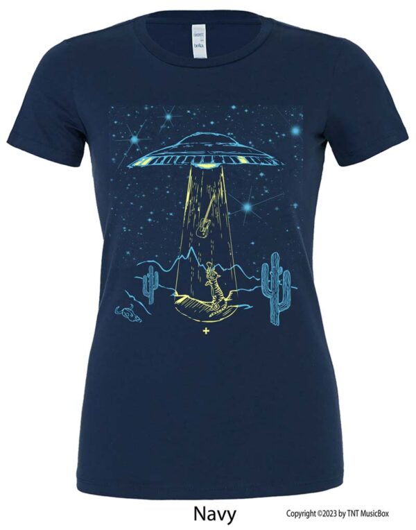 Space cat and space ship on a Navy T-Shirt.