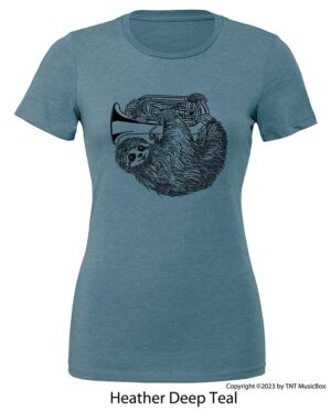 Sloth playing tuba on a Heather Deep Teal T-Shirt.