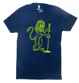 Lion singing on men's midnight navy tee.