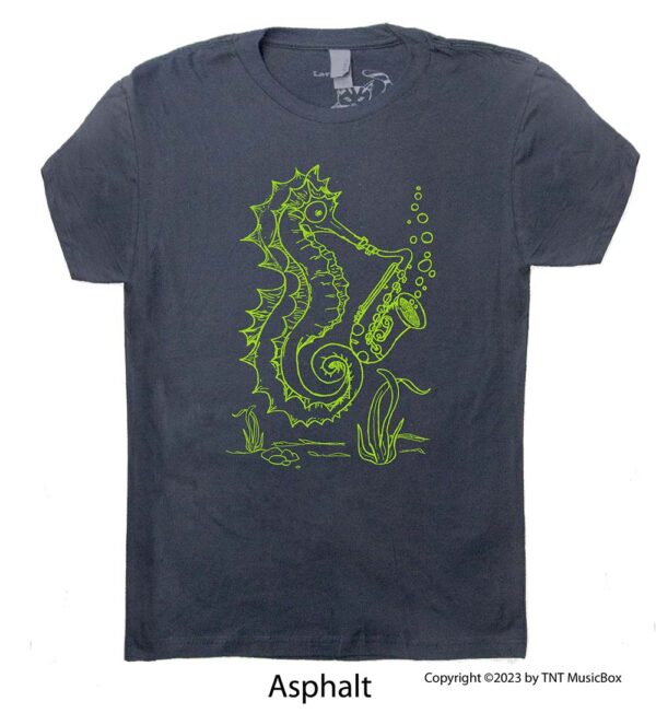 Seahorse playing saxophone on an Asphalt t-shirt