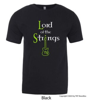 Lord of The Strings (Guitar) on a black T-shirt