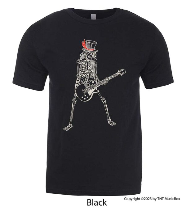 Skeleton Playing Guitar on a Black T-shirt