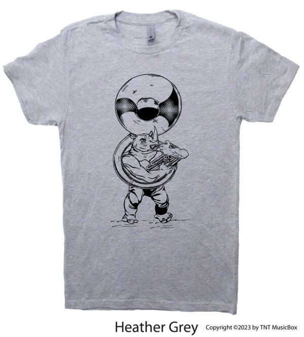 Rhino Playing Sousaphone on a Heather Grey T-shirt.