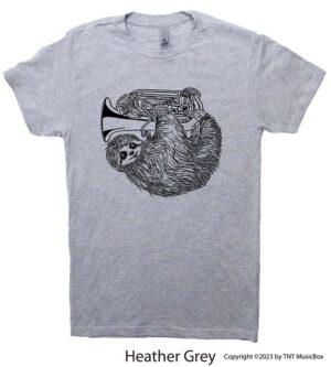 Sloth playing tuba on a Heather Grey T-Shirt.