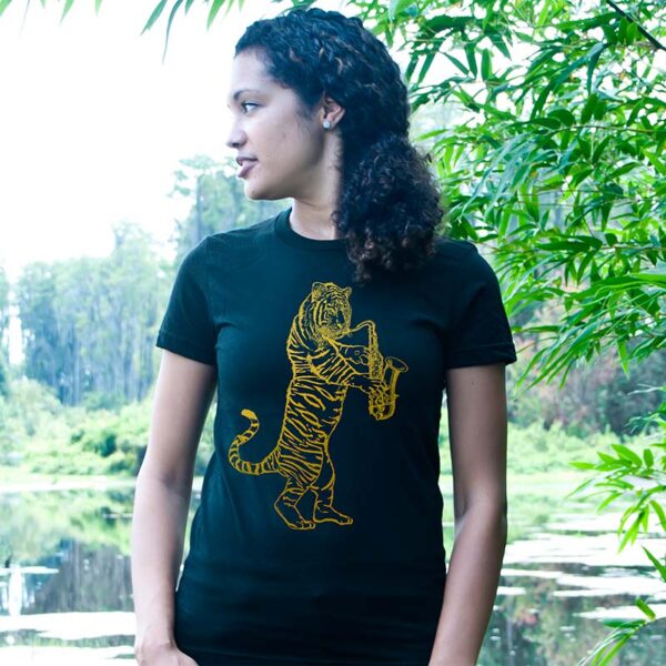 Tiger Playing a Saxophone on a Black T-Shirt.