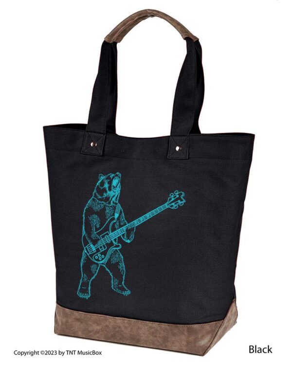 Bear Playing Bass graphic on black colored 14oz. canvas tote. Comes Cotton lined with zippered pocket and magnetic snap closure.