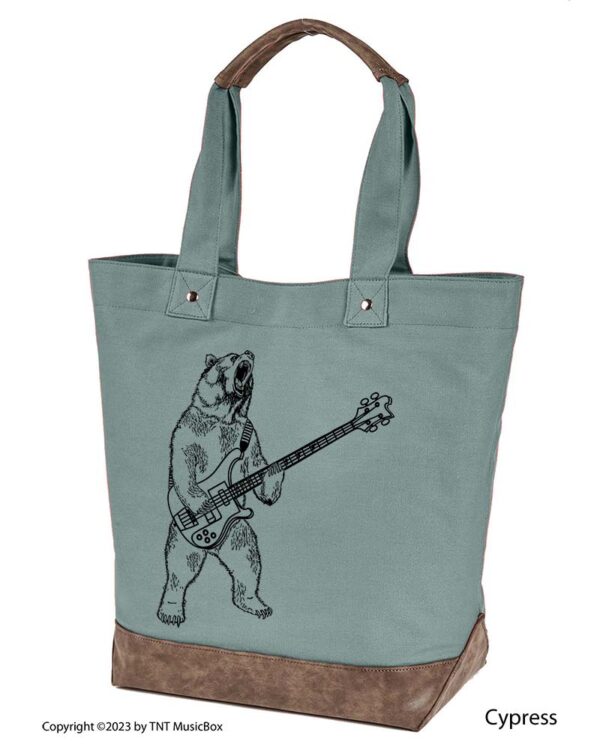 Bear Playing Bass graphic on Cypress colored 14oz. canvas tote. Comes Cotton lined with zippered pocket and magnetic snap closure.