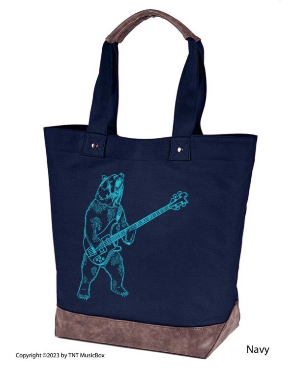 Bear Playing Bass graphic on Navycolored14oz. canvas tote. Comes Cotton lined with zippered pocket and magnetic snap closure.