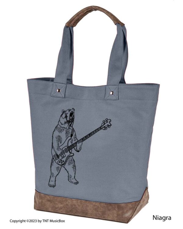 Bear Playing Bass graphic on Niagra colored 14oz. canvas tote. Comes Cotton lined with zippered pocket and magnetic snap closure.