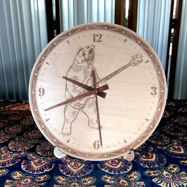 Bear Playing Bass Wall Clock. Laser engraved, 11.25" in diameter. 6mm Baltic Birch.