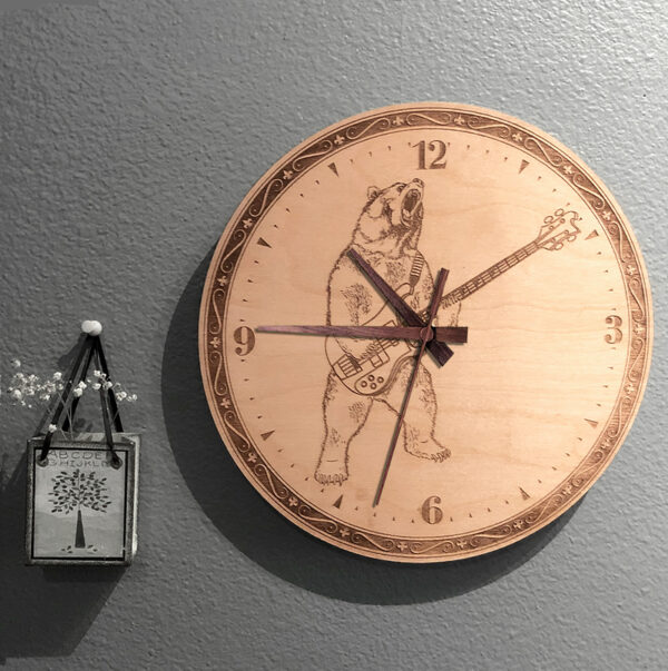 Bear Playing Bass Wall Clock. Laser engraved, 11.25" in diameter. 6mm Baltic Birch.