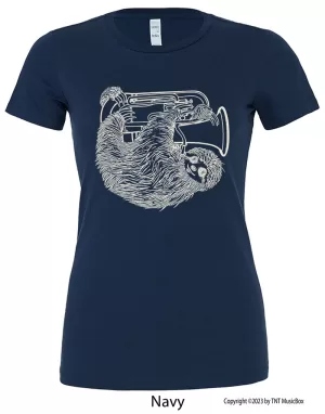 Sloth playing Euphonium a on a Navy T-Shirt.