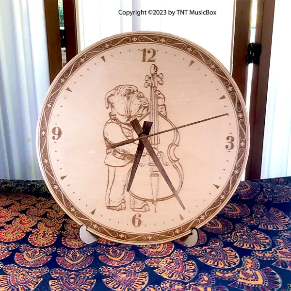 Bulldog playing Bass Viol Wall Clock. Laser engraved, 11.25" in diameter. 6mm Baltic Birch.