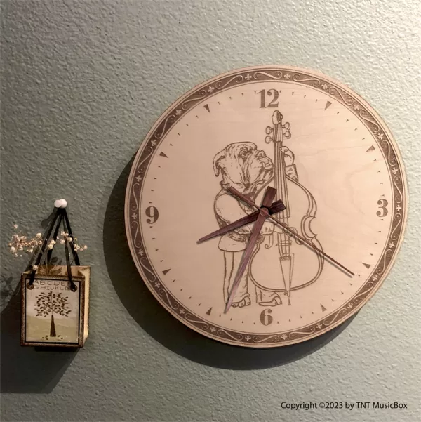 Bulldog playing Bass Viol Wall Clock. Laser engraved, 11.25" in diameter. 6mm Baltic Birch.