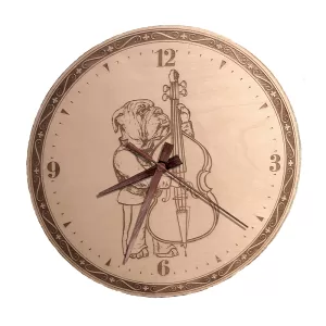 Bulldog playing Bass Viol Wall Clock. Laser engraved, 11.25" in diameter. 6mm Baltic Birch.