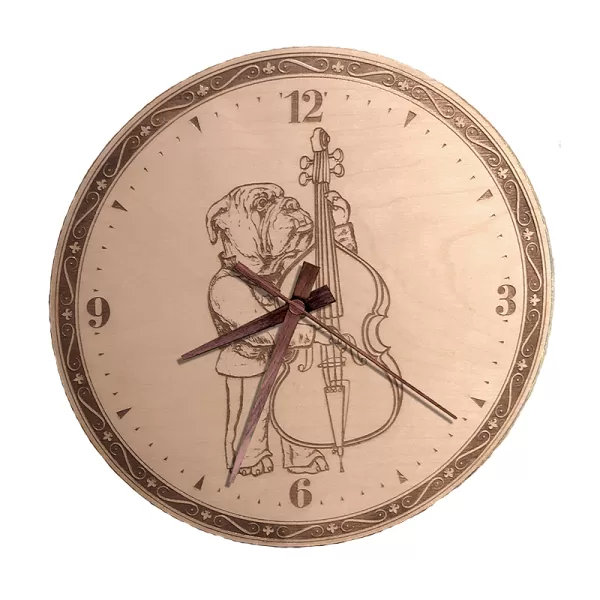 Bulldog playing Bass Viol Wall Clock. Laser engraved, 11.25" in diameter. 6mm Baltic Birch.