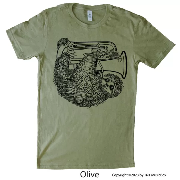 Sloth playing Euphonium a on an Olive T-Shirt.