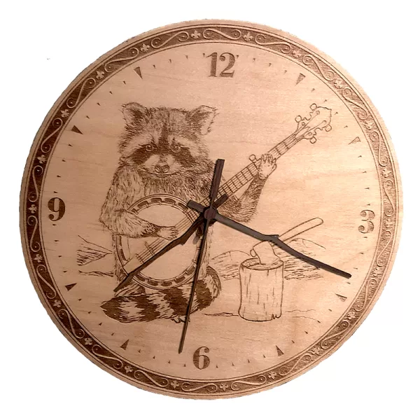 Raccoon Playing Banjo Wall Clock. Laser engraved, 11.25" in diameter. 6mm Baltic Birch.