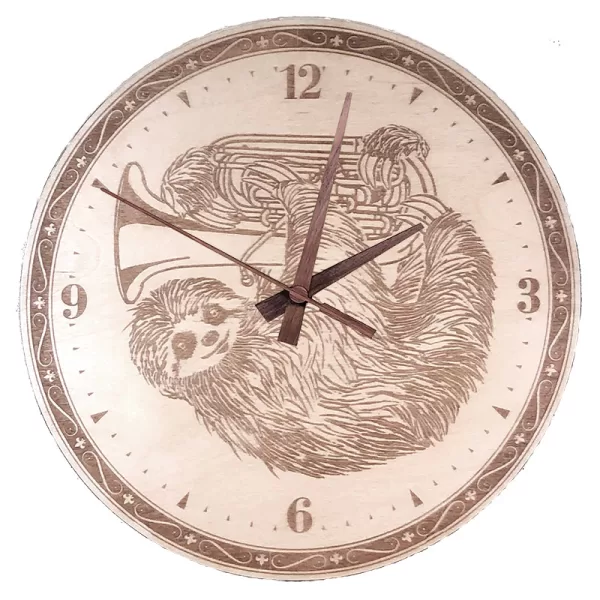 Sloth Playing Tuba Wall Clock. Laser engraved, 11.5" in diameter. 6mm Baltic Birch.