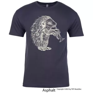 Hedgehog Playing Trumpet on an Asphalt Grey T-shirt.