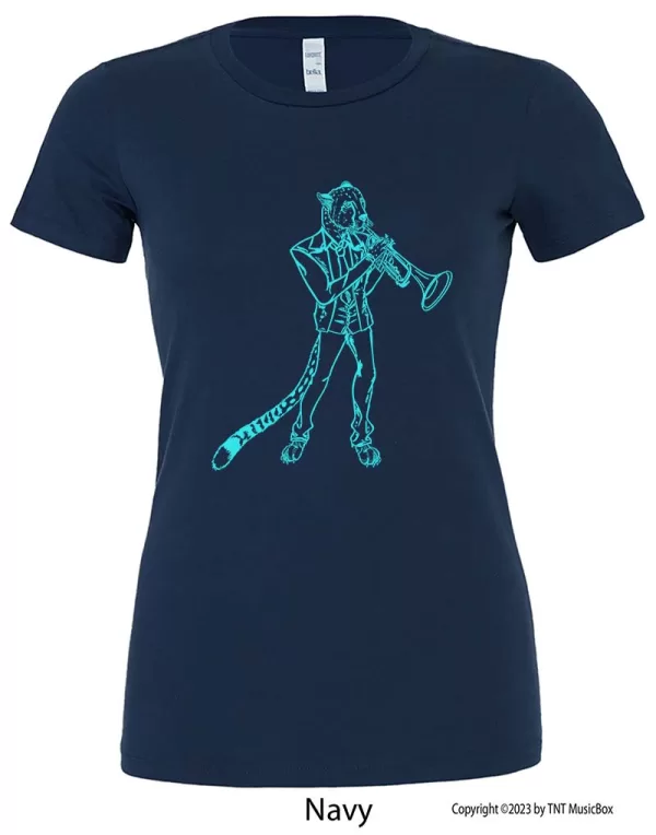 Cheetah playing trumpet on Ladies Navy Tee