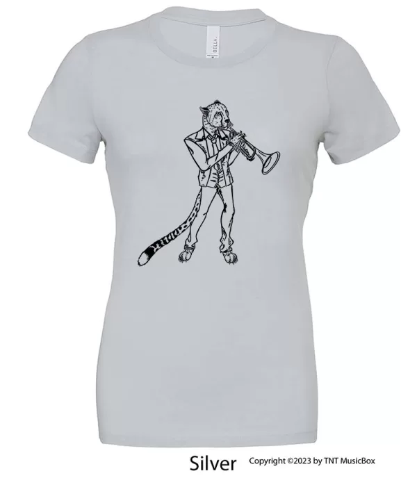 Cheetah playing trumpet on Ladies Silver Tee