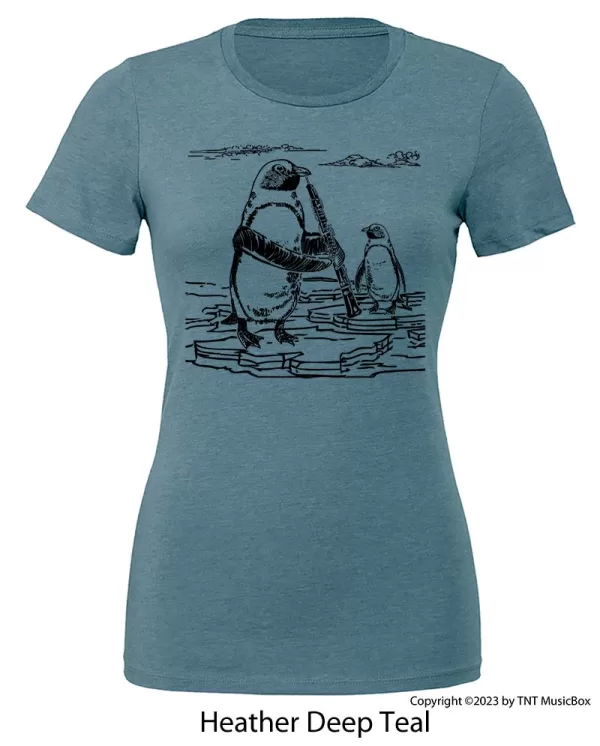 Penguin Playing oboe on Heather Deep Blue shirt