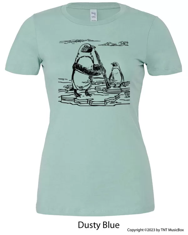 Penguin Playing oboe on Dusty Blue shirt