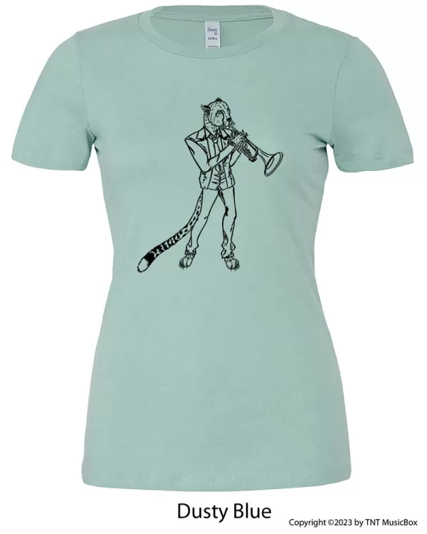 Cheetah playing trumpet on Ladies Dusty Blue Tee