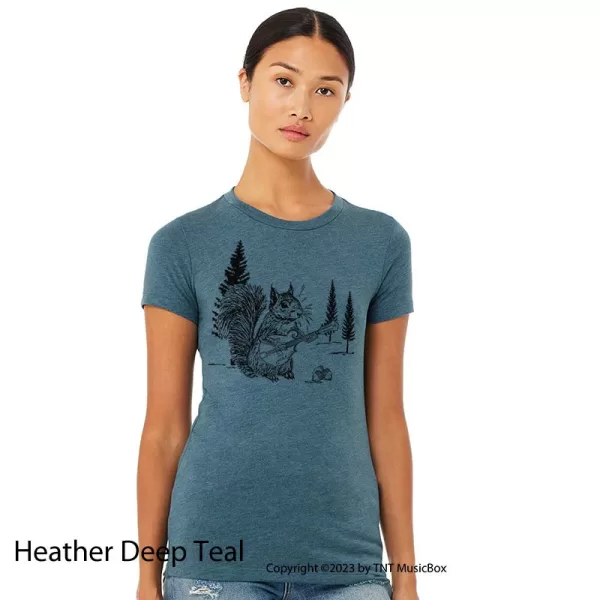 Squirrel playing Mandolin on a Ladies Heather Deep Teal colored shirt