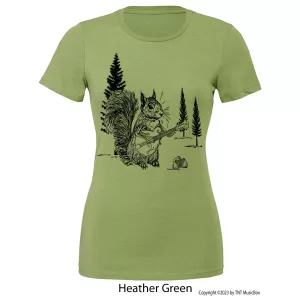 Squirrel playing Mandolin on a Ladies Heather Green colored shirt