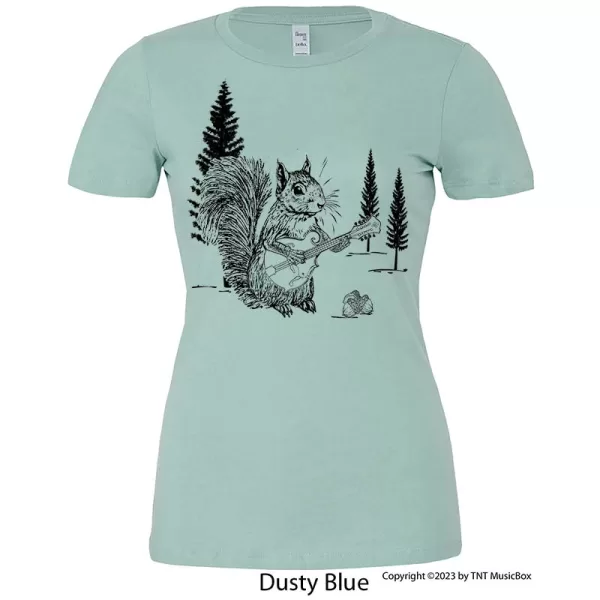 Squirrel playing Mandolin on a Ladies Dusty Blue colored shirt