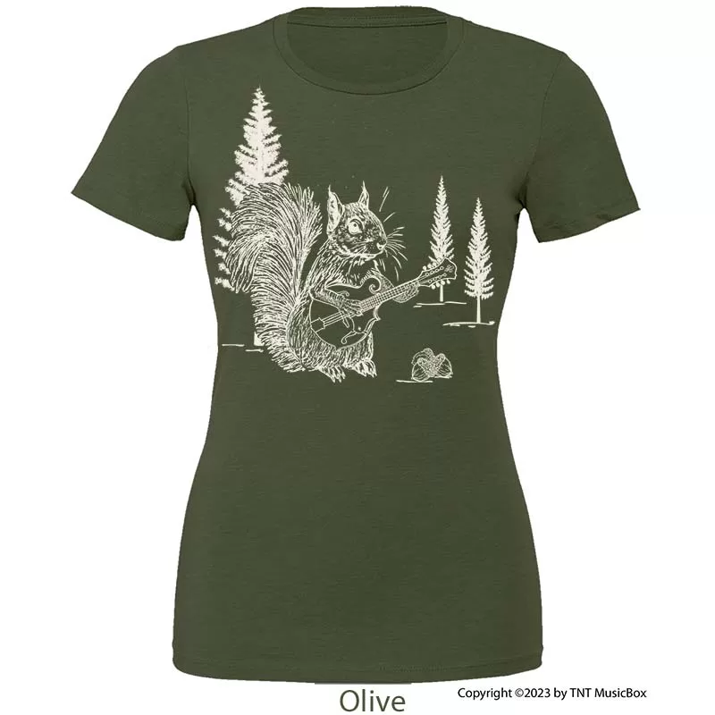 Squirrel playing Mandolin on a Ladies Olive colored shirt