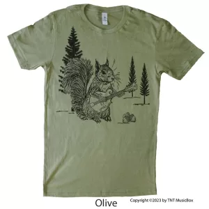 Squirrel playing Mandolin on an olive colored shirt