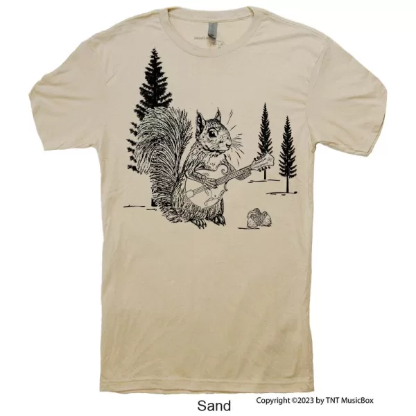 Squirrel playing Mandolin on a Sand colored shirt